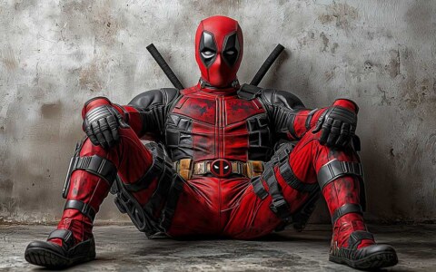 Fond d'écran Deadpool en résolution 4K Ultra HD, le super-héros Marvel assis dans son costume rouge et noir contre un mur texturé. Disponible pour ordinateur et mobile