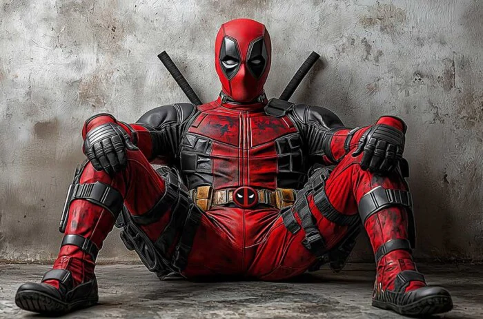 Fond d'écran Deadpool en résolution 4K Ultra HD, le super-héros Marvel assis dans son costume rouge et noir contre un mur texturé. Disponible pour ordinateur et mobile