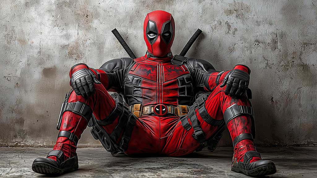 Fond d'écran Deadpool en résolution 4K Ultra HD, le super-héros Marvel assis dans son costume rouge et noir contre un mur texturé. Disponible pour ordinateur et mobile