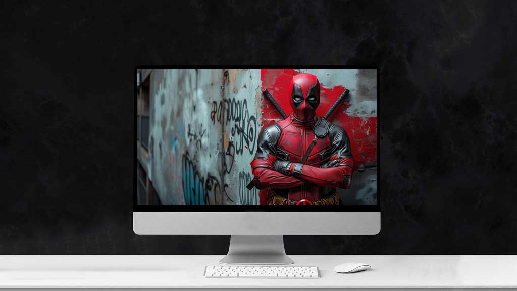 Fond d'écran Deadpool en 4K Ultra HD, super-héros Marvel debout contre un mur couvert de graffitis. Disponible pour les formats de bureau et mobile.