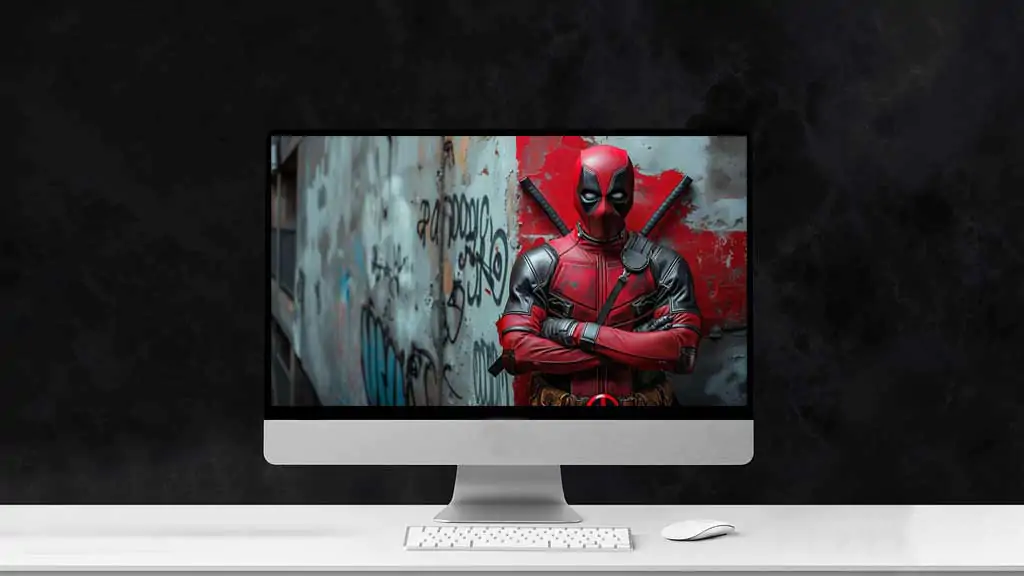 Deadpool wallpaper in 4K Ultra HD , Marvel superhero standing against a graffiti-covered wall. Available for desktop and mobile formats.