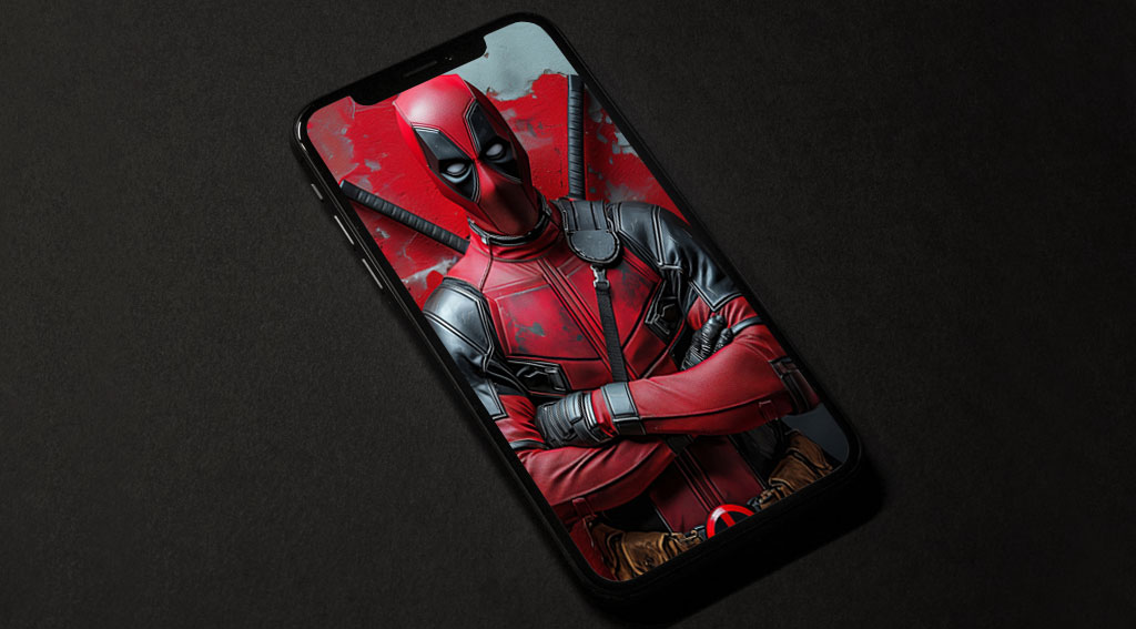 Fond d'écran Deadpool en 4K Ultra HD, super-héros Marvel debout contre un mur couvert de graffitis. Disponible pour les formats de bureau et mobile.