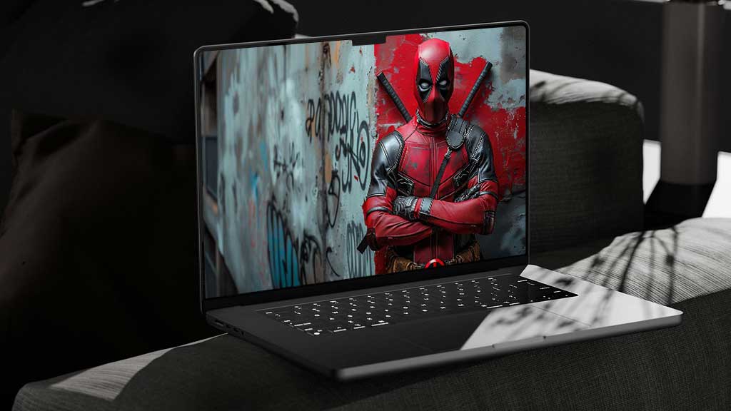 Fond d'écran Deadpool en 4K Ultra HD, super-héros Marvel debout contre un mur couvert de graffitis. Disponible pour les formats de bureau et mobile.