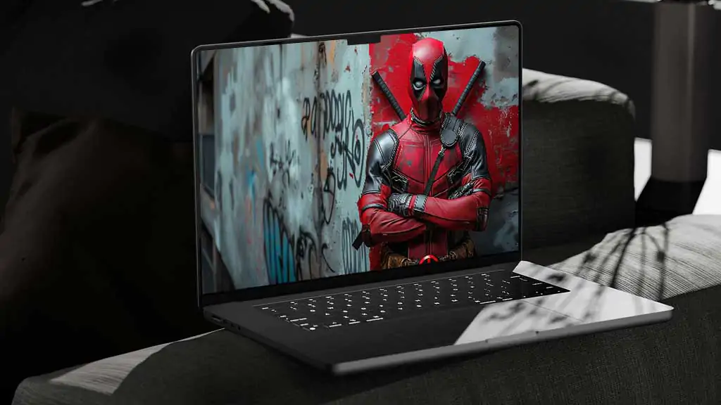 Deadpool wallpaper in 4K Ultra HD , Marvel superhero standing against a graffiti-covered wall. Available for desktop and mobile formats.