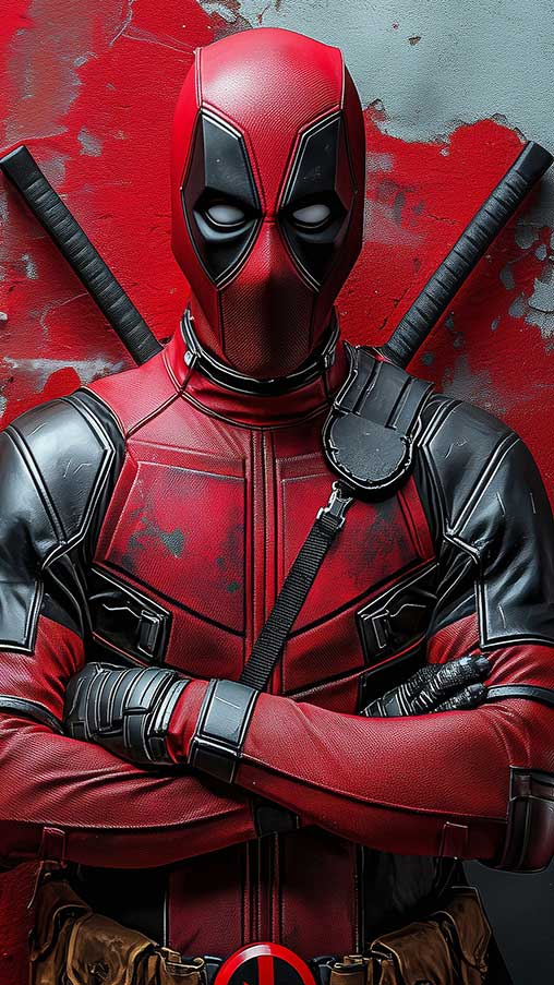 Fond d'écran Deadpool en 4K Ultra HD, super-héros Marvel debout contre un mur couvert de graffitis. Disponible pour les formats de bureau et mobile.