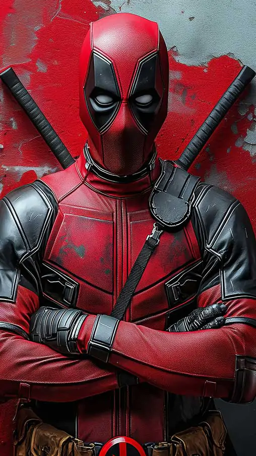 Deadpool wallpaper in 4K Ultra HD , Marvel superhero standing against a graffiti-covered wall. Available for desktop and mobile formats.