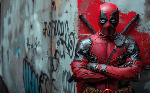 Fond d'écran Deadpool en 4K Ultra HD, super-héros Marvel debout contre un mur couvert de graffitis. Disponible pour les formats de bureau et mobile.
