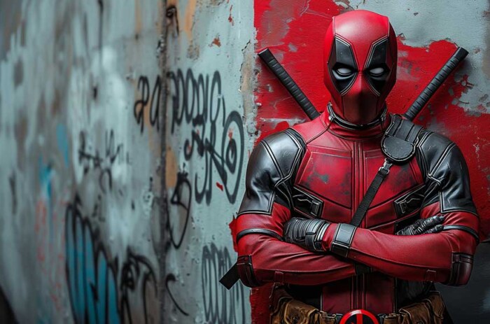 Fond d'écran Deadpool en 4K Ultra HD, super-héros Marvel debout contre un mur couvert de graffitis. Disponible pour les formats de bureau et mobile.