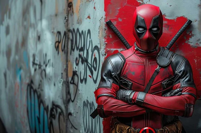 Deadpool wallpaper in 4K Ultra HD , Marvel superhero standing against a graffiti-covered wall. Available for desktop and mobile formats.