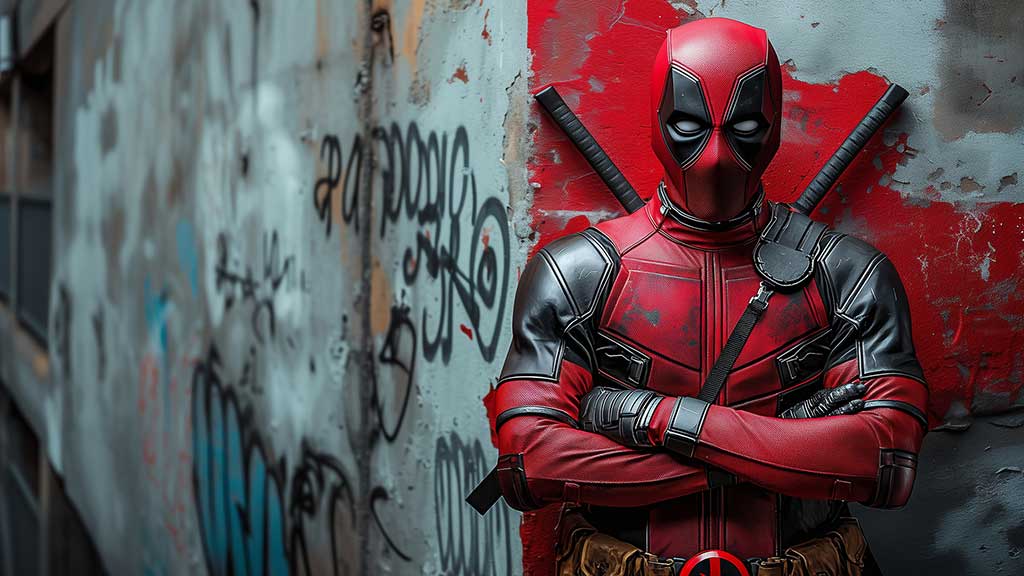 Fond d'écran Deadpool en 4K Ultra HD, super-héros Marvel debout contre un mur couvert de graffitis. Disponible pour les formats de bureau et mobile.