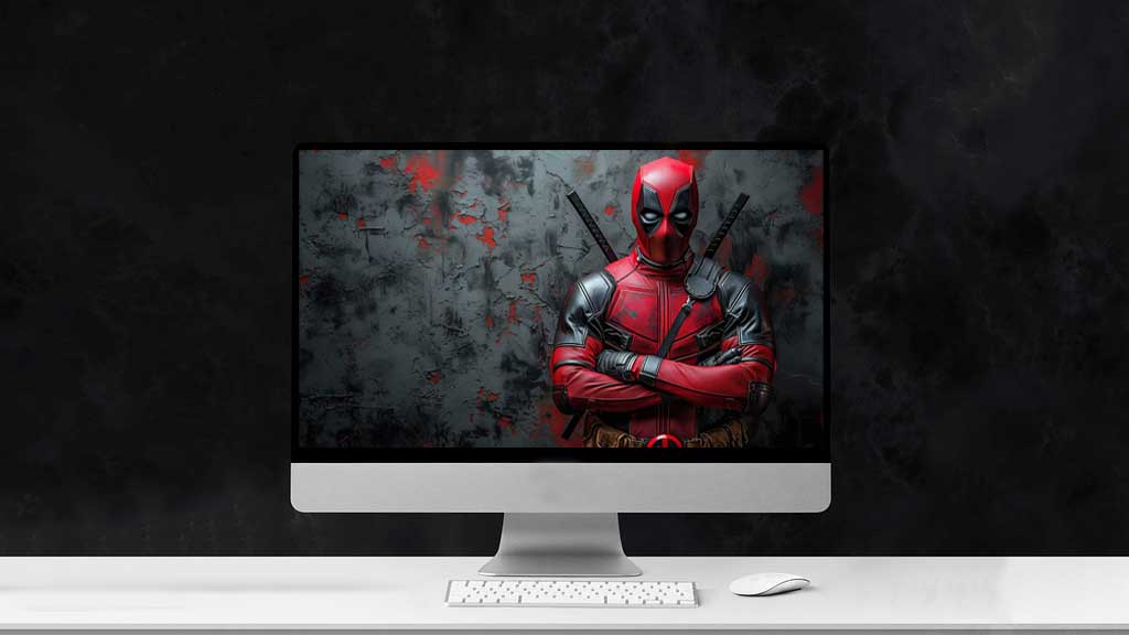 Fond d'écran Deadpool en résolution 4K Ultra HD, mettant en vedette le super-héros Marvel debout avec les bras croisés contre un mur texturé aux accents rouges. Parfait pour les ordinateurs de bureau et les appareils mobiles.