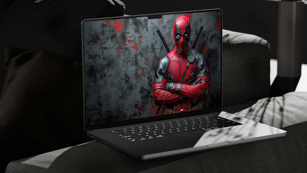 Fond d'écran Deadpool en résolution 4K Ultra HD, mettant en vedette le super-héros Marvel debout avec les bras croisés contre un mur texturé aux accents rouges. Parfait pour les ordinateurs de bureau et les appareils mobiles.