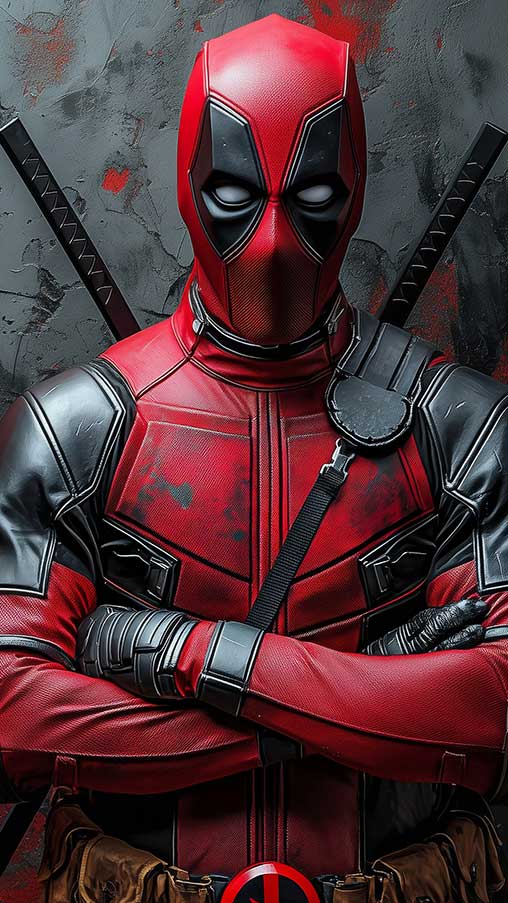 Fond d'écran Deadpool en résolution 4K Ultra HD, mettant en vedette le super-héros Marvel debout avec les bras croisés contre un mur texturé aux accents rouges. Parfait pour les ordinateurs de bureau et les appareils mobiles.