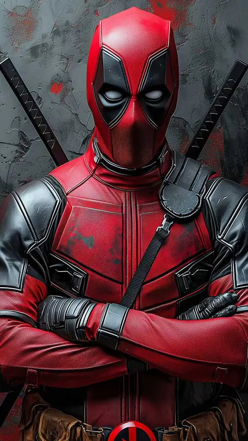 Deadpool wallpaper in 4K Ultra HD resolution, featuring the Marvel superhero standing with arms crossed against a textured wall with red accents. Perfect for desktop and mobile devices.