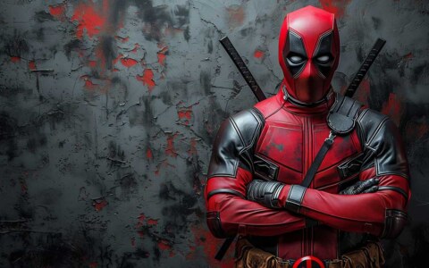 Fond d'écran Deadpool en résolution 4K Ultra HD, mettant en vedette le super-héros Marvel debout avec les bras croisés contre un mur texturé aux accents rouges. Parfait pour les ordinateurs de bureau et les appareils mobiles.