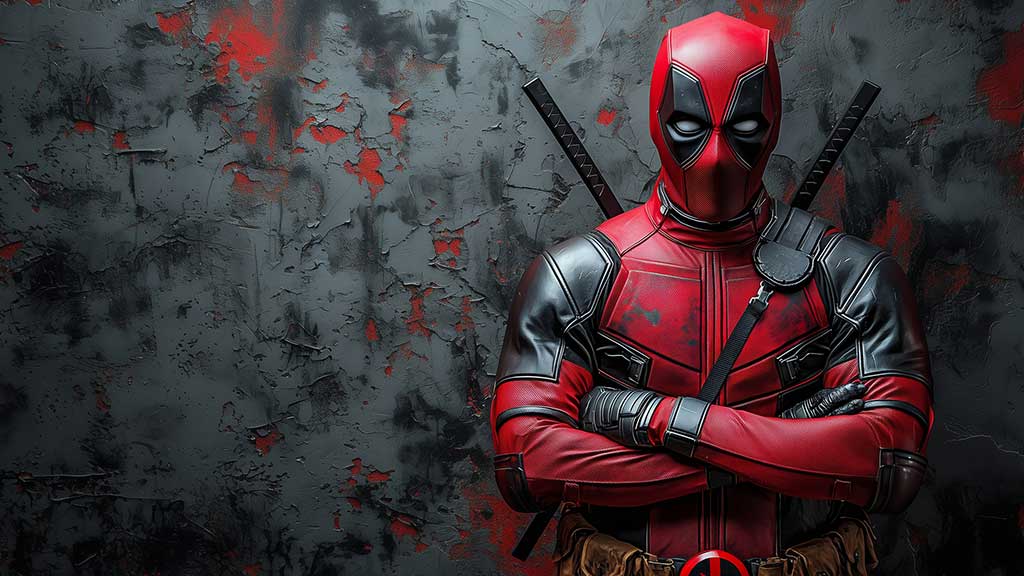 Fond d'écran Deadpool en résolution 4K Ultra HD, mettant en vedette le super-héros Marvel debout avec les bras croisés contre un mur texturé aux accents rouges. Parfait pour les ordinateurs de bureau et les appareils mobiles.