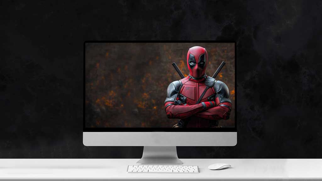 Fond d'écran Deadpool en 4K Ultra HD, l'anti-héros Marvel debout avec les bras croisés sur un fond sombre dramatique. pour ordinateur de bureau et mobile
