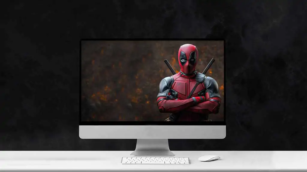 Deadpool wallpaper in 4K Ultra HD, the Marvel anti-hero standing with arms crossed against a dramatic dark background. for desktop and mobile