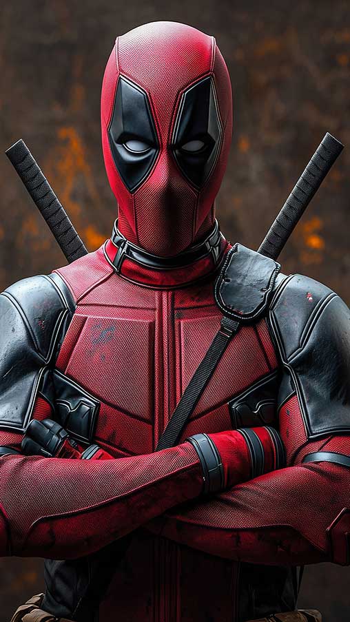 Fond d'écran Deadpool en 4K Ultra HD, l'anti-héros Marvel debout avec les bras croisés sur un fond sombre dramatique. pour ordinateur de bureau et mobile
