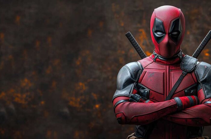 Fond d'écran Deadpool en 4K Ultra HD, l'anti-héros Marvel debout avec les bras croisés sur un fond sombre dramatique. pour ordinateur de bureau et mobile