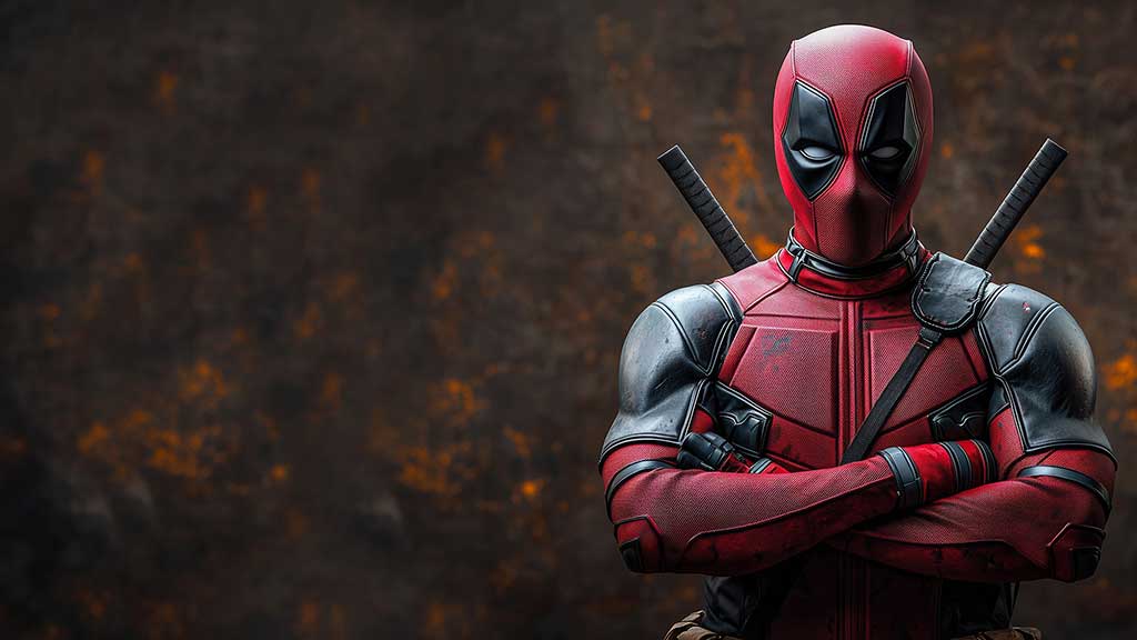 Fond d'écran Deadpool en 4K Ultra HD, l'anti-héros Marvel debout avec les bras croisés sur un fond sombre dramatique. pour ordinateur de bureau et mobile