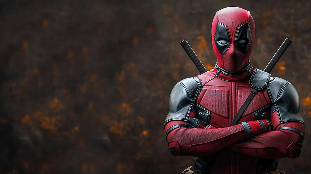 Deadpool wallpaper in 4K Ultra HD, the Marvel anti-hero standing with arms crossed against a dramatic dark background. for desktop and mobile