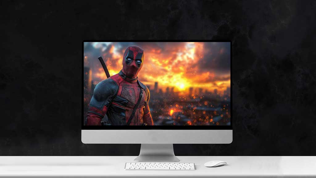 Fond d'écran Deadpool en 4K Ultra HD, l'anti-héros Marvel avec un coucher de soleil éclatant et un horizon urbain en arrière-plan. pour ordinateur de bureau et mobile