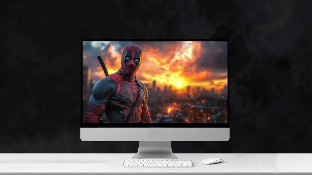 Deadpool wallpaper in 4K Ultra HD, the Marvel anti-hero with a glowing sunset and city skyline in the background. for desktop and mobile.