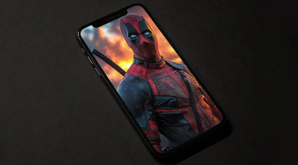 Deadpool wallpaper in 4K Ultra HD, the Marvel anti-hero with a glowing sunset and city skyline in the background. for desktop and mobile.