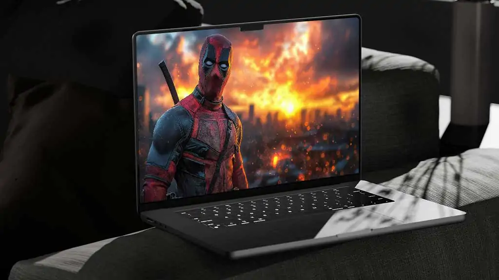 Fond d'écran Deadpool en 4K Ultra HD, l'anti-héros Marvel avec un coucher de soleil éclatant et un horizon urbain en arrière-plan. pour ordinateur de bureau et mobile