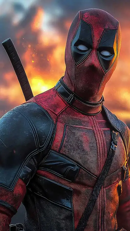 Fond d'écran Deadpool en 4K Ultra HD, l'anti-héros Marvel avec un coucher de soleil éclatant et un horizon urbain en arrière-plan. pour ordinateur de bureau et mobile