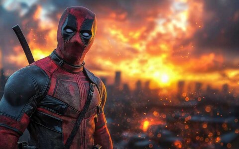 Deadpool wallpaper in 4K Ultra HD, the Marvel anti-hero with a glowing sunset and city skyline in the background. for desktop and mobile.