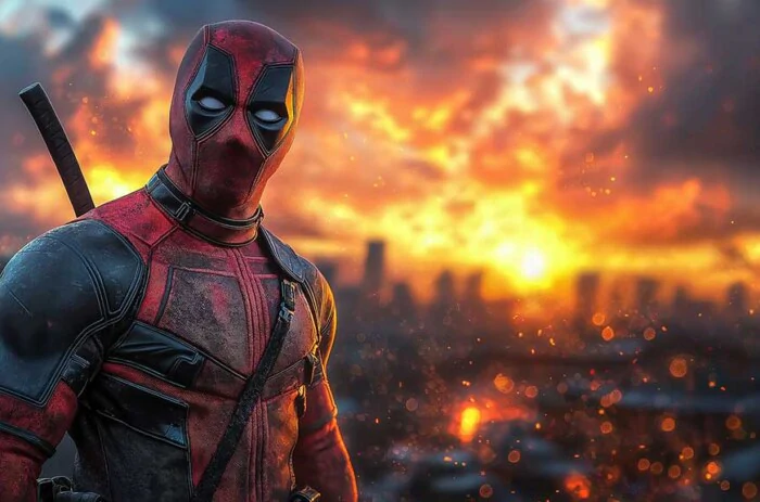 Deadpool wallpaper in 4K Ultra HD, the Marvel anti-hero with a glowing sunset and city skyline in the background. for desktop and mobile.