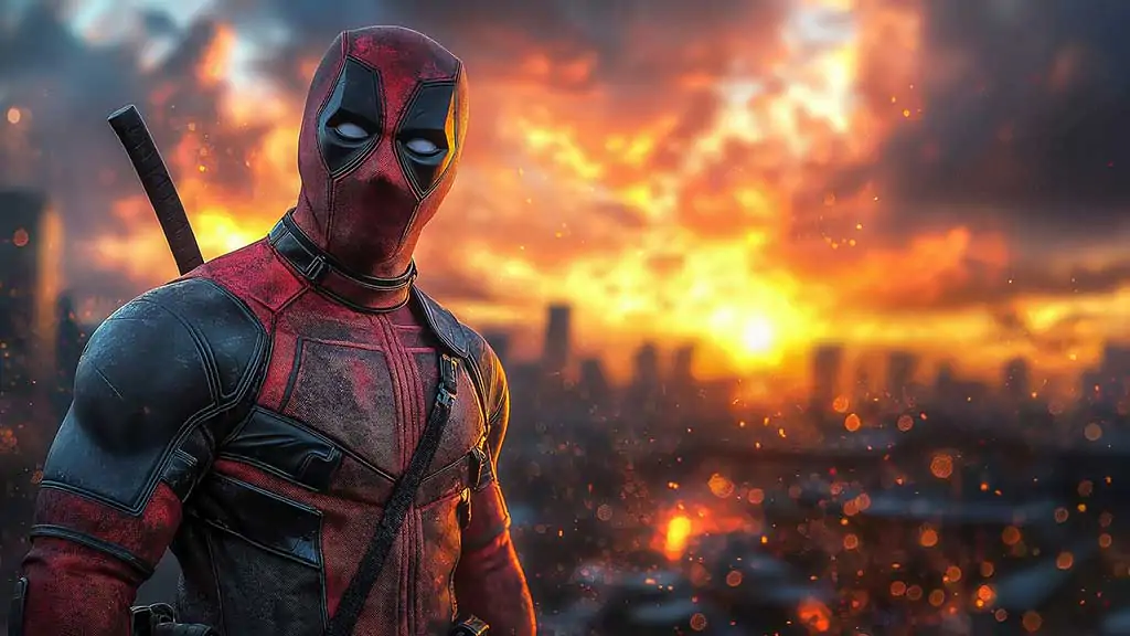 Deadpool wallpaper in 4K Ultra HD, the Marvel anti-hero with a glowing sunset and city skyline in the background. for desktop and mobile.