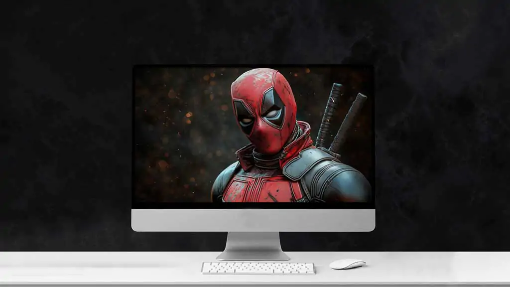 Deadpool close-up wallpaper in 4K Ultra HD, featuring the Marvel anti-hero in his red and black suit against a glowing bokeh background. Perfect for all devices.