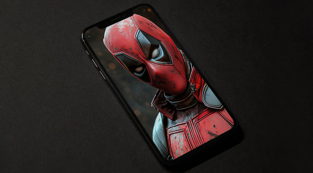 Deadpool close-up wallpaper in 4K Ultra HD, featuring the Marvel anti-hero in his red and black suit against a glowing bokeh background. Perfect for all devices.