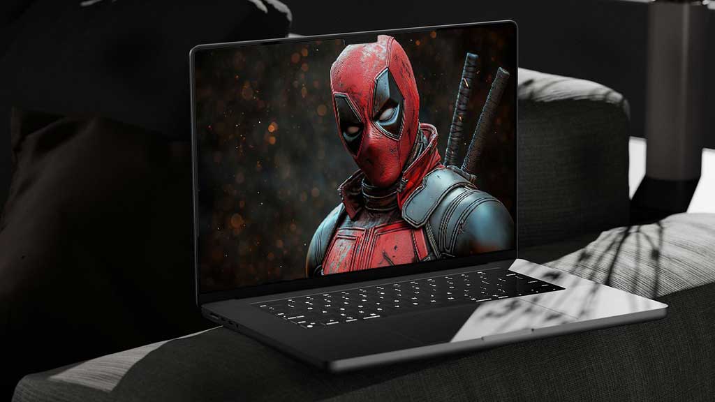 Fond d'écran de Deadpool en gros plan en 4K Ultra HD, mettant en vedette l'anti-héros Marvel dans son costume rouge et noir sur un fond bokeh lumineux. Parfait pour tous les appareils.