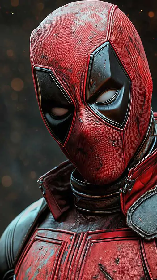 Deadpool close-up wallpaper in 4K Ultra HD, featuring the Marvel anti-hero in his red and black suit against a glowing bokeh background. Perfect for all devices.