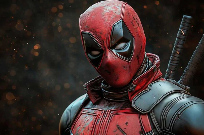 Fond d'écran de Deadpool en gros plan en 4K Ultra HD, mettant en vedette l'anti-héros Marvel dans son costume rouge et noir sur un fond bokeh lumineux. Parfait pour tous les appareils.