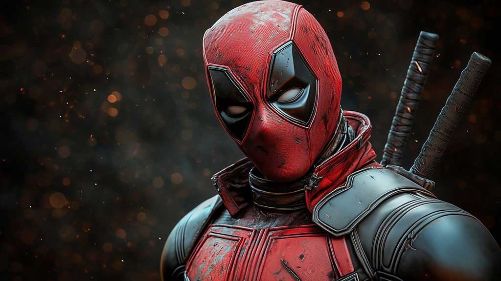Fond d'écran de Deadpool en gros plan en 4K Ultra HD, mettant en vedette l'anti-héros Marvel dans son costume rouge et noir sur un fond bokeh lumineux. Parfait pour tous les appareils.