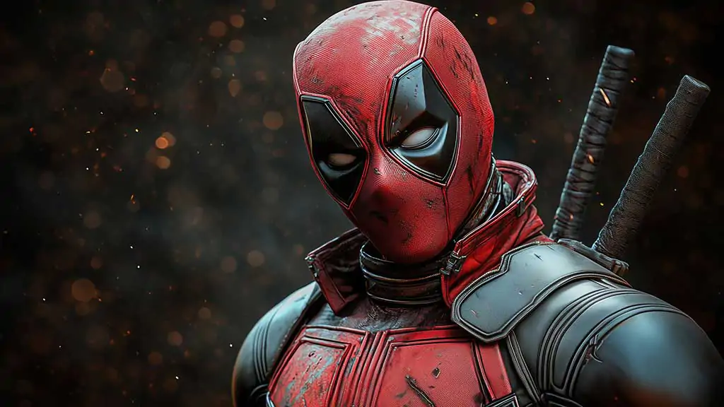 Deadpool close-up wallpaper in 4K Ultra HD, featuring the Marvel anti-hero in his red and black suit against a glowing bokeh background. Perfect for all devices.