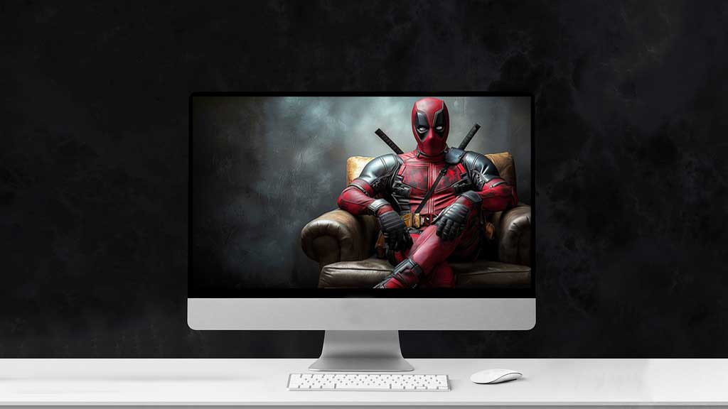 Fond d'écran Deadpool en 4K Ultra HD mettant en vedette l'anti-héros Marvel assis tranquillement sur un luxueux fauteuil en cuir. pour tous les ordinateurs de bureau et PC