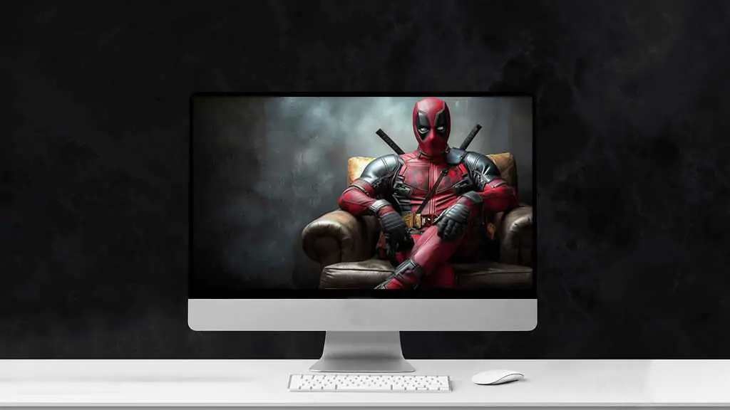 Deadpool wallpaper in 4K Ultra HD featuring the Marvel anti-hero sitting casually on a luxurious leather armchair. for all desktops and pc