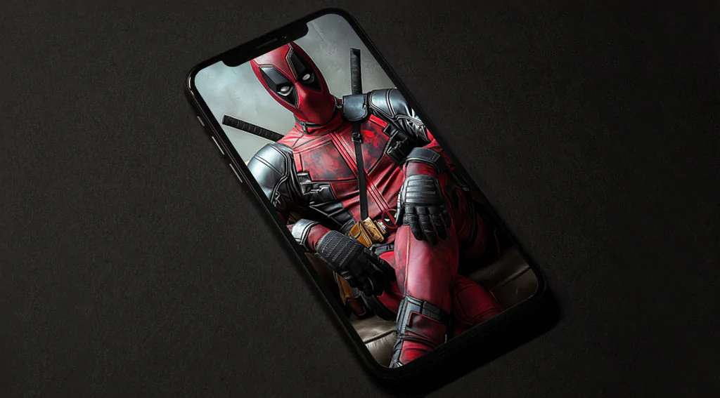 Deadpool wallpaper in 4K Ultra HD featuring the Marvel anti-hero sitting casually on a luxurious leather armchair. for phone and iphone