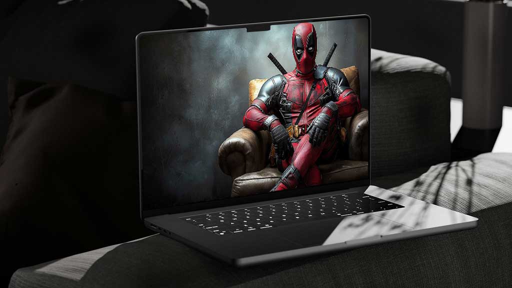 Fond d'écran Deadpool en 4K Ultra HD mettant en vedette l'anti-héros Marvel assis tranquillement sur un luxueux fauteuil en cuir. pour ordinateur portable