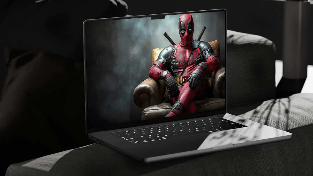 Deadpool wallpaper in 4K Ultra HD featuring the Marvel anti-hero sitting casually on a luxurious leather armchair. for laptop