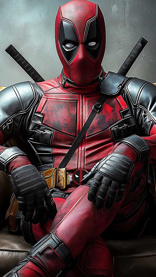 Fond d'écran Deadpool en 4K Ultra HD mettant en vedette l'anti-héros Marvel assis tranquillement sur un luxueux fauteuil en cuir. pour iPhone et téléphone portable Android