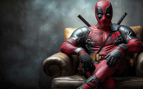 Deadpool wallpaper in 4K Ultra HD featuring the Marvel anti-hero sitting casually on a luxurious leather armchair. for all devices and screens