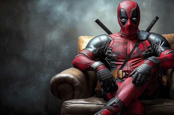 Fond d'écran Deadpool en 4K Ultra HD mettant en vedette l'anti-héros Marvel assis tranquillement sur un luxueux fauteuil en cuir. pour tous les appareils et écrans