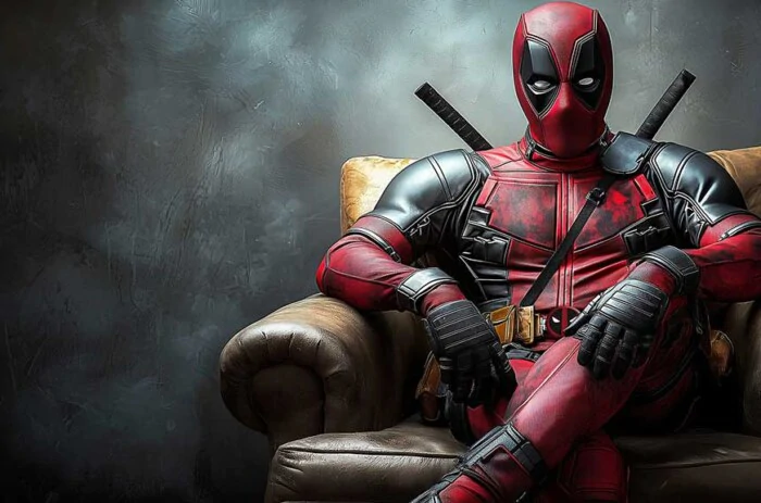 Deadpool wallpaper in 4K Ultra HD featuring the Marvel anti-hero sitting casually on a luxurious leather armchair. for all devices and screens